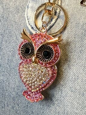 NEW Pink Rhinestone Owl Bag Charm Keychain Gold Tone Sparkle NWT